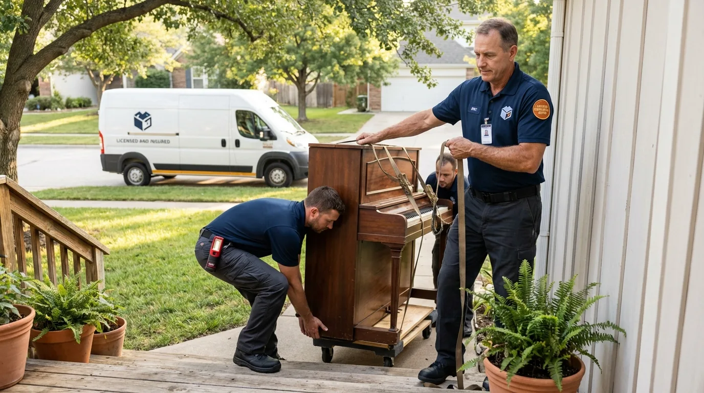 Licensed piano movers securing grand piano in Boardman, OR