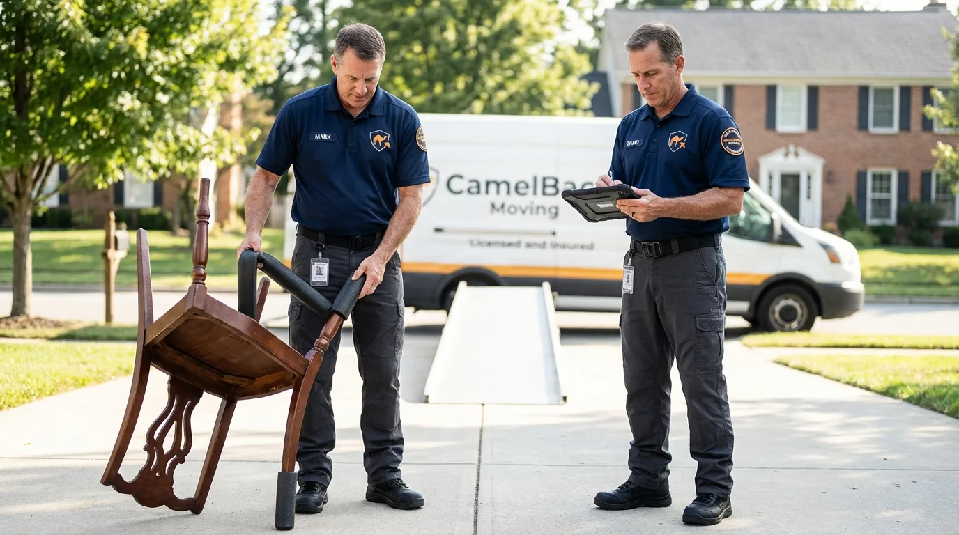 Movers inspecting furniture for damage prevention before loading in Boardman, OR