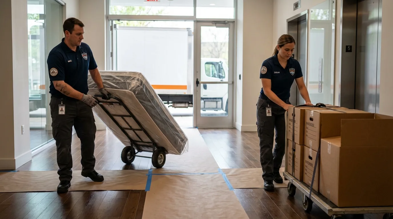 Professional apartment movers loading elevator in Boardman, OR